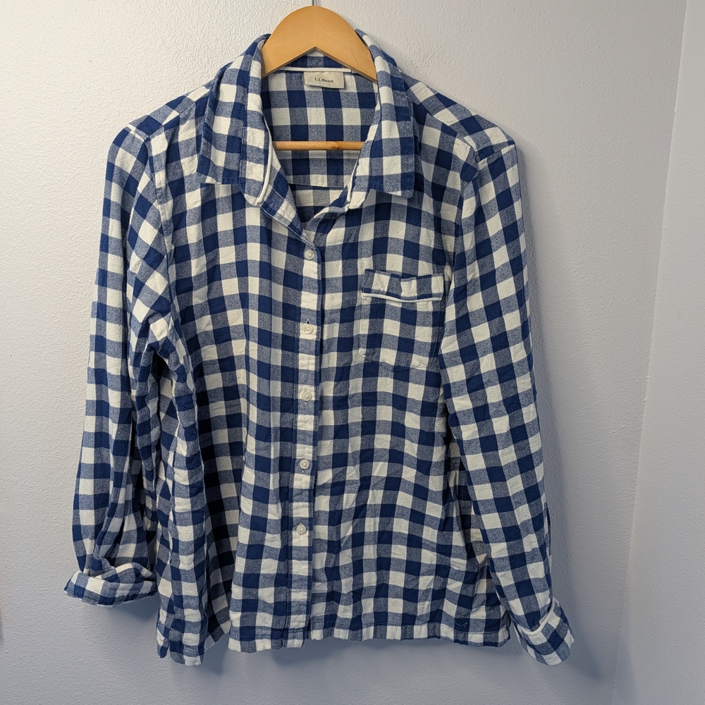 L.L.Bean Navy Buffalo Check Flannel Button Front Shirt L